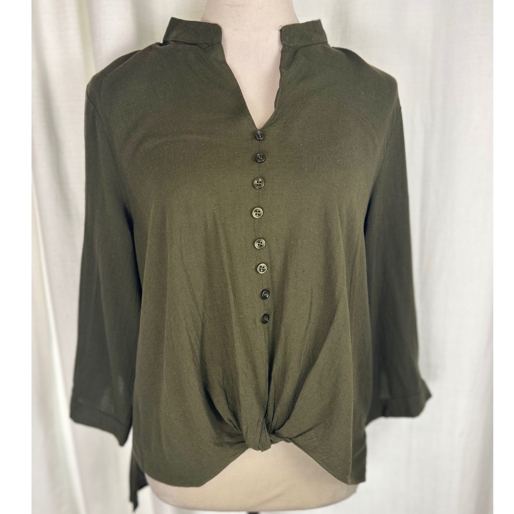For Cynthia Olive Green 3/4 Sleeve Twist Front Blouse Linen Blend Petite Large
